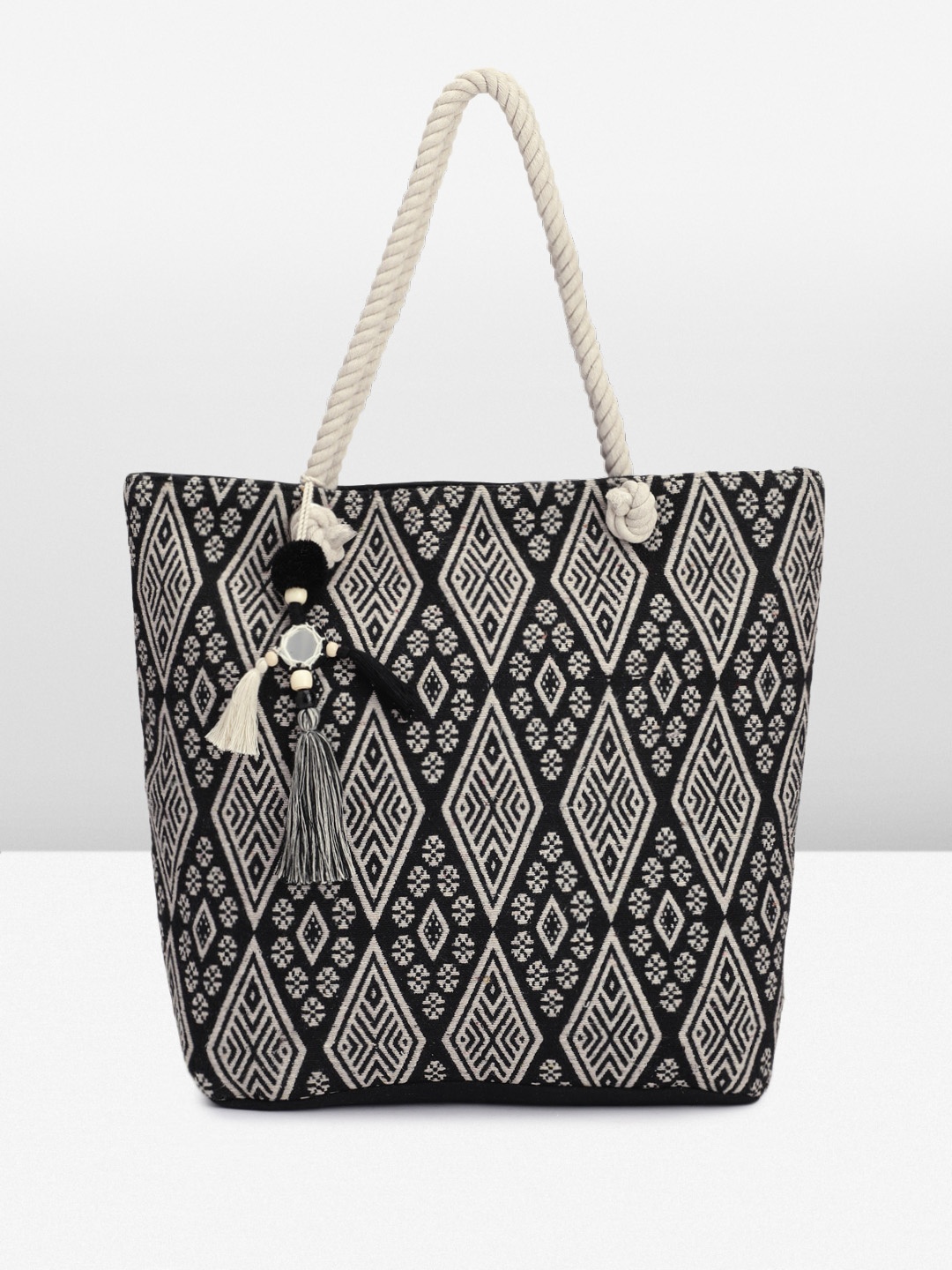 

Anouk Geometric Printed Oversized Structured Tote Bag with Tasselled, Navy blue