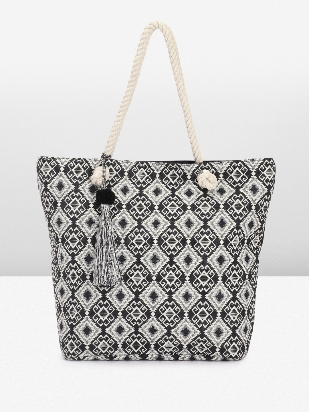 

Anouk Ethnic Motifs Printed Oversized Structured Tote Bag with Tasselled, Black