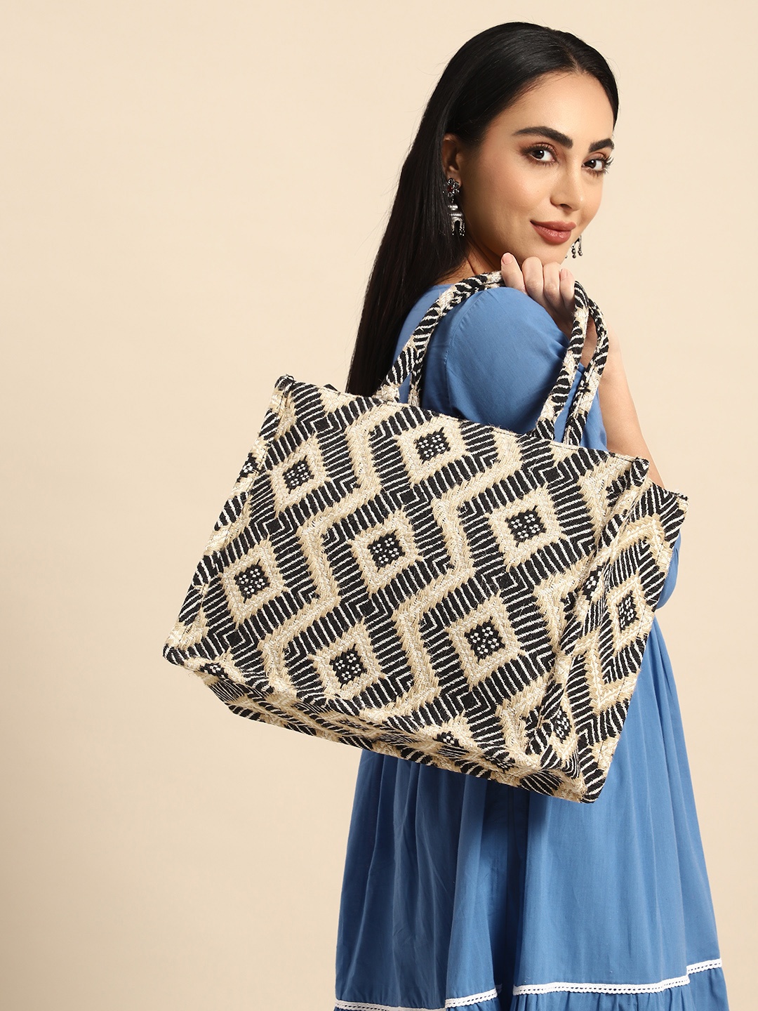 Anouk Abstract Printed Oversized Shopper Tote Bag, Black