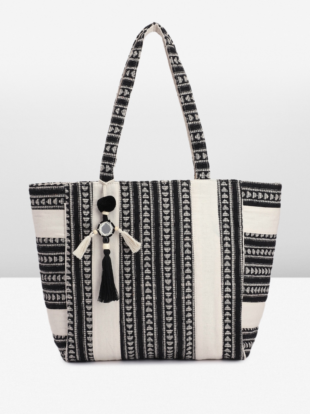 

Anouk Geometric Printed Oversized Structured Tote Bag with Tasselled, Black