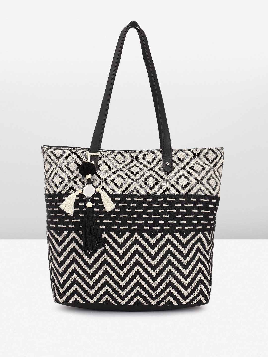 

Anouk Geometric Printed Oversized Structured Tote Bag with Tasselled, Black