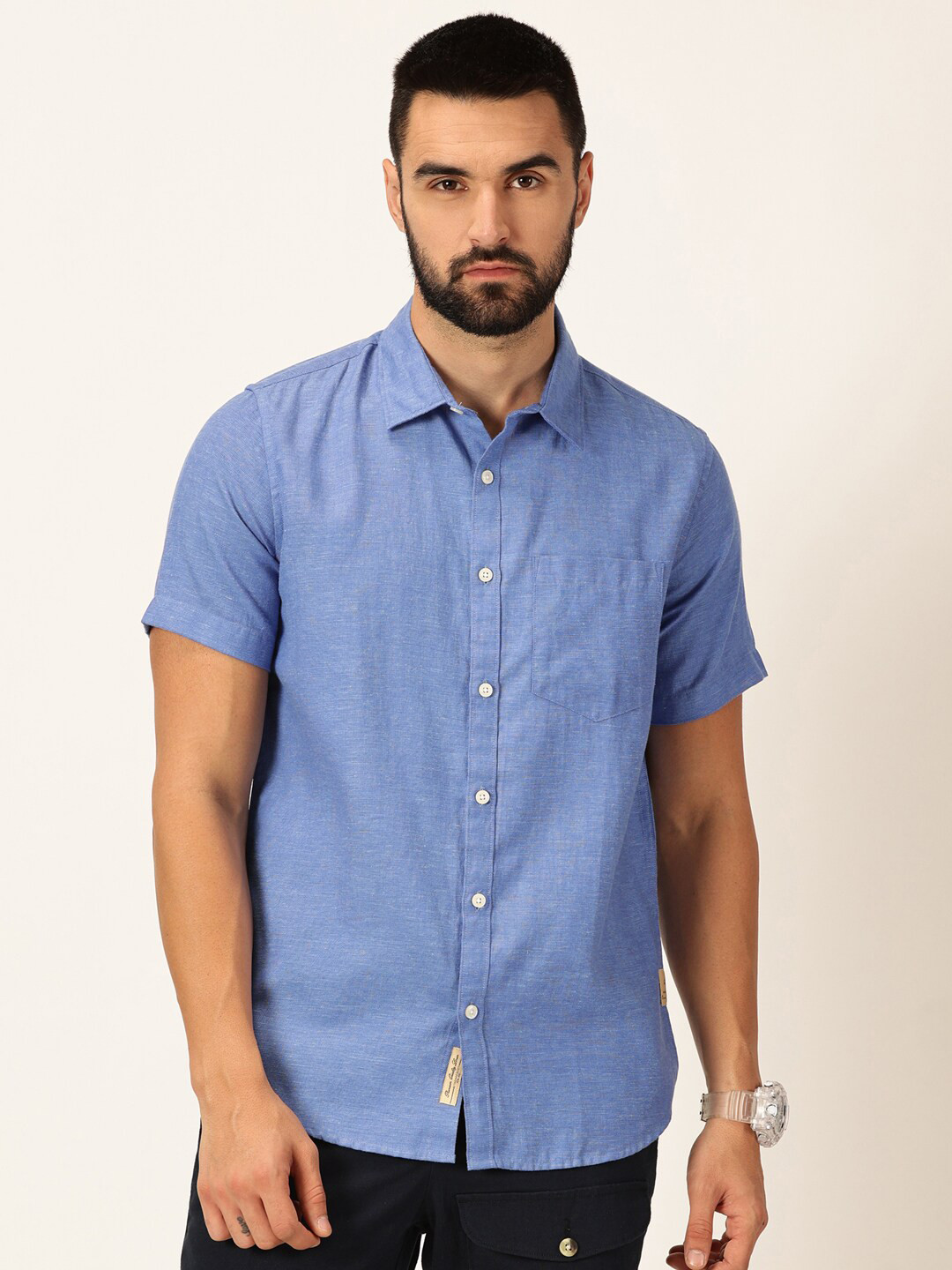 

Thomas Scott Men Premium Cotton Linen Slim Fit Opaque Casual Shirt, Blue