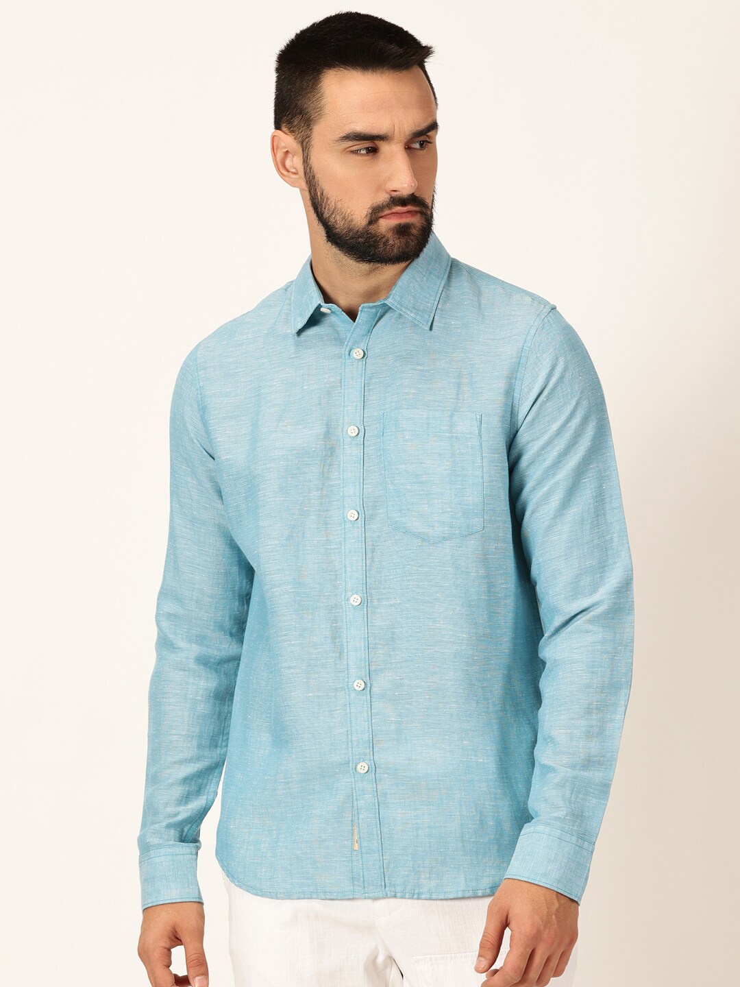 

Thomas Scott Men Premium Cotton Linen Slim Fit Opaque Casual Shirt, Turquoise blue