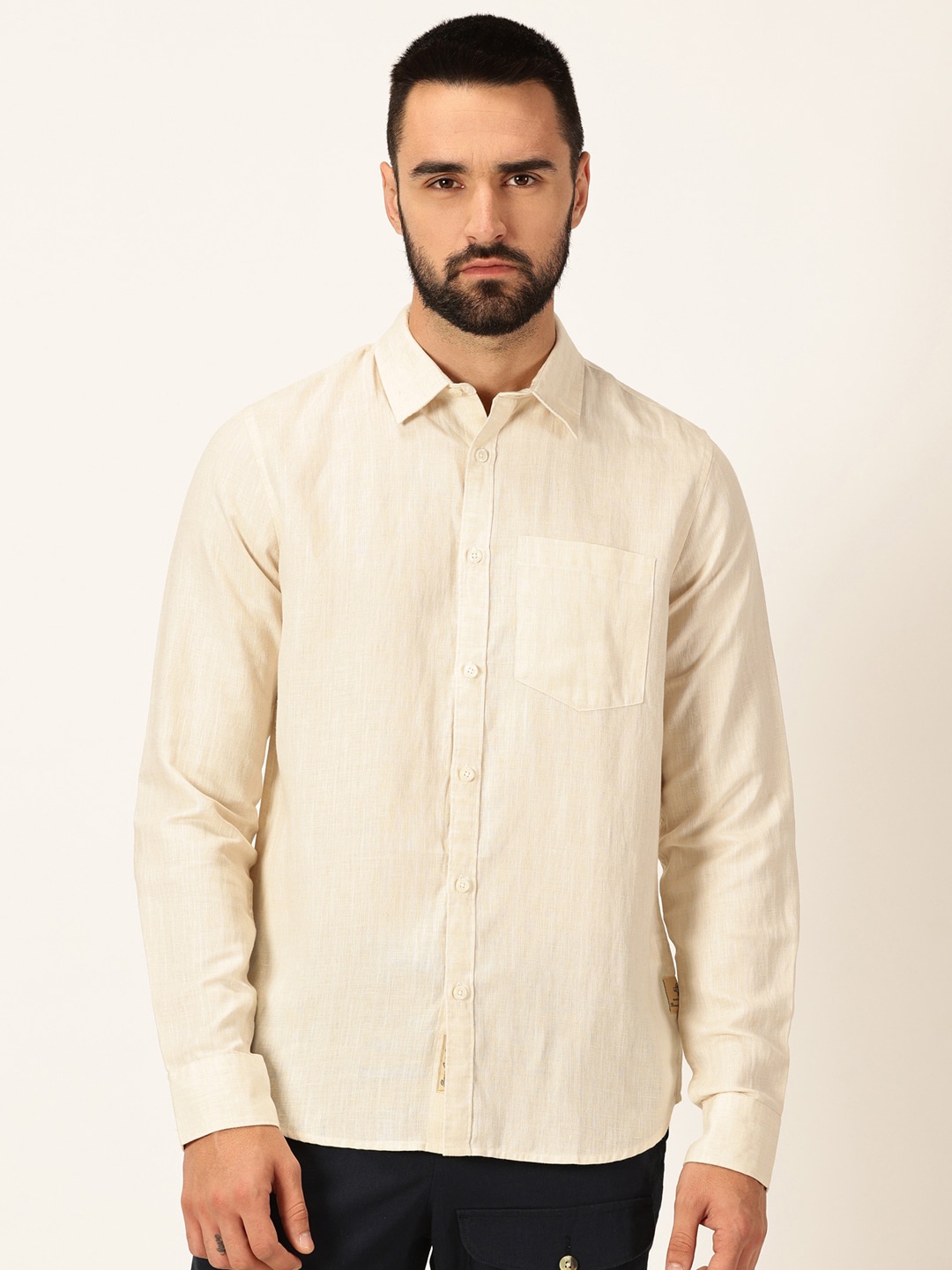 

Thomas Scott Men Premium Cotton Linen Slim Fit Opaque Casual Shirt, Beige