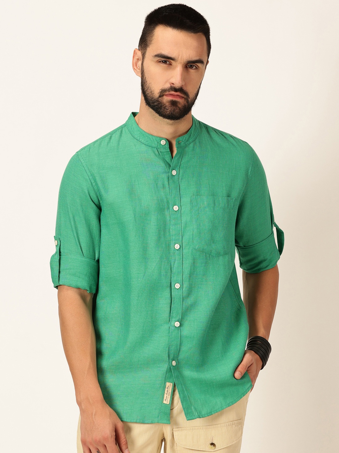 

Thomas Scott Men Premium Cotton Linen Slim Fit Opaque Casual Shirt, Green