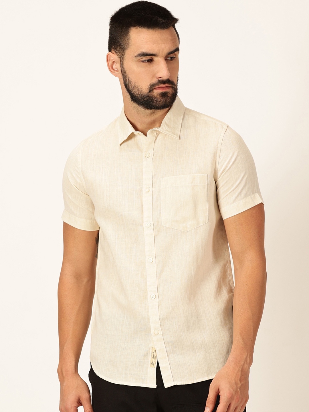 

Thomas Scott Men Premium Cotton Linen Slim Fit Opaque Casual Shirt, Beige