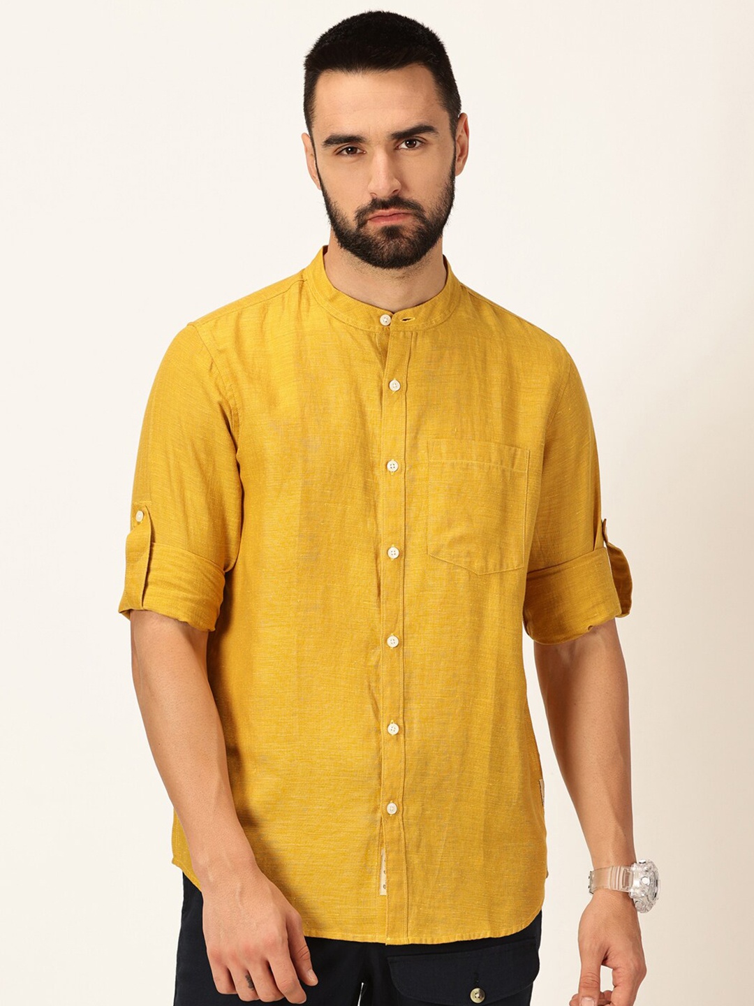 

Thomas Scott Men Premium Cotton Linen Slim Fit Opaque Casual Shirt, Mustard