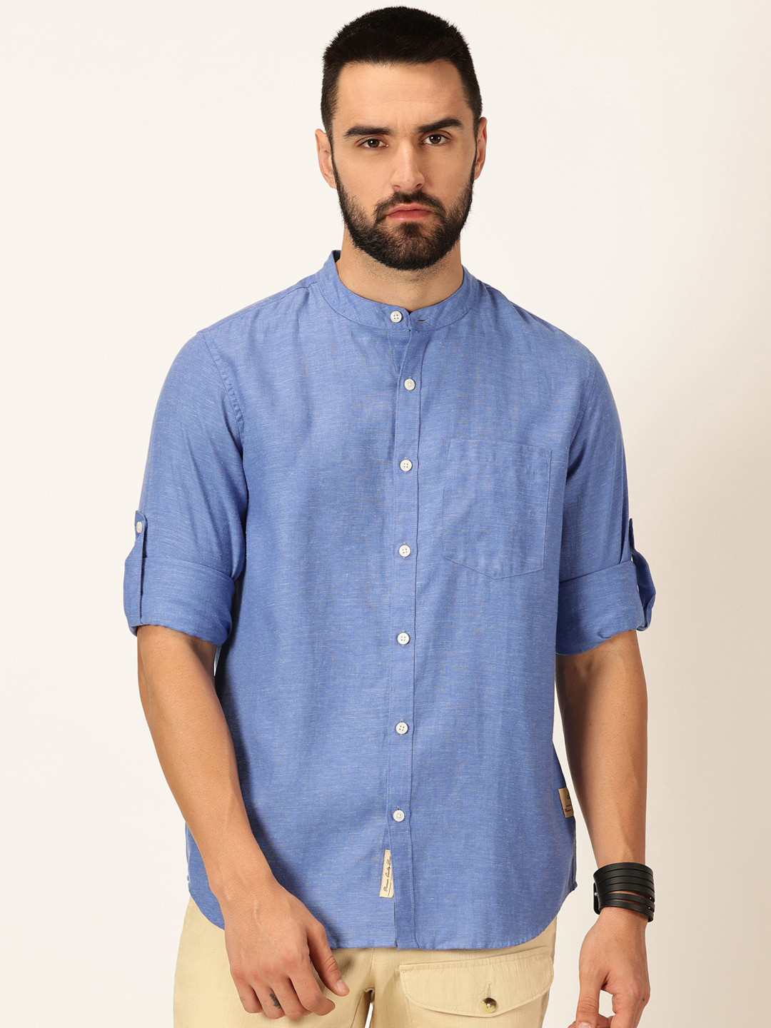 

Thomas Scott Men Premium Cotton Linen Slim Fit Opaque Casual Shirt, Blue