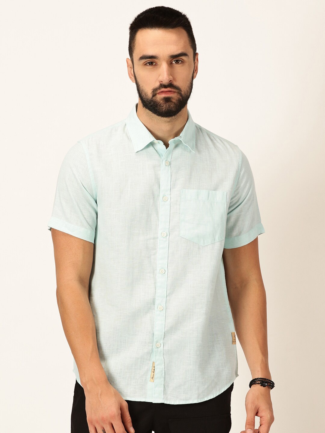 

Thomas Scott Men Premium Cotton Linen Slim Fit Opaque Casual Shirt, Turquoise blue