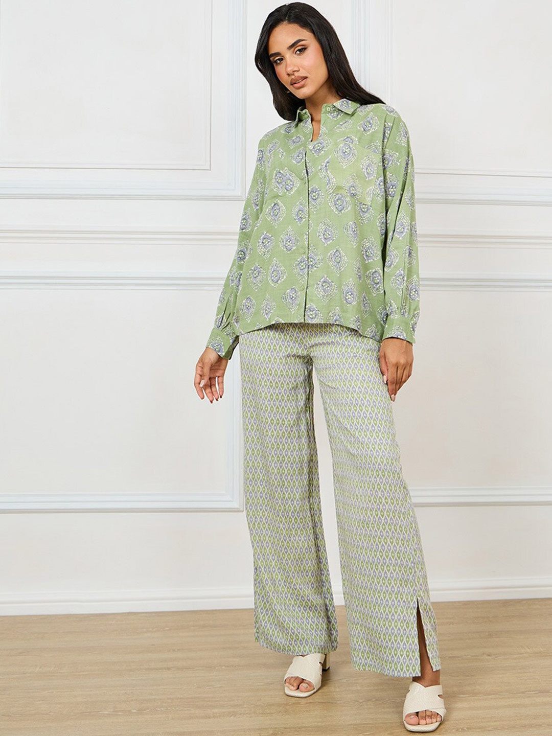 

Styli Printed Shirt-Collar Shirt With Trouser Co-Ords, Green