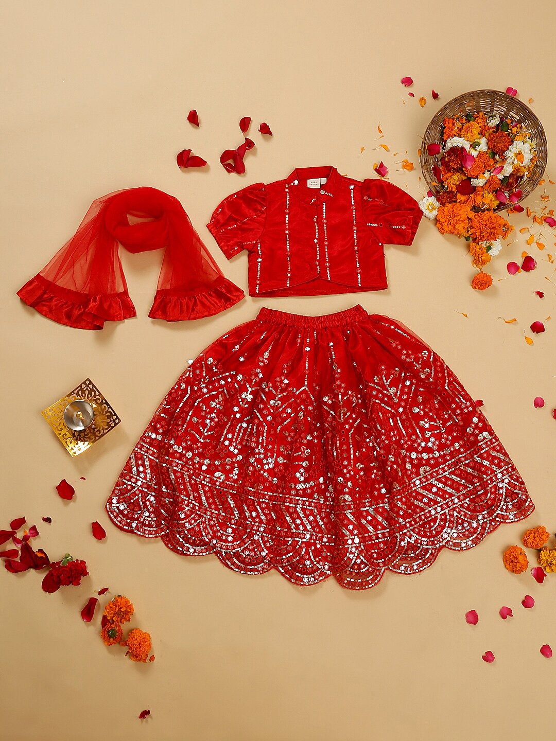 

SAKA DESIGNS Girls Embroidered Ready to Wear Lehenga & Blouse With Dupatta, Red