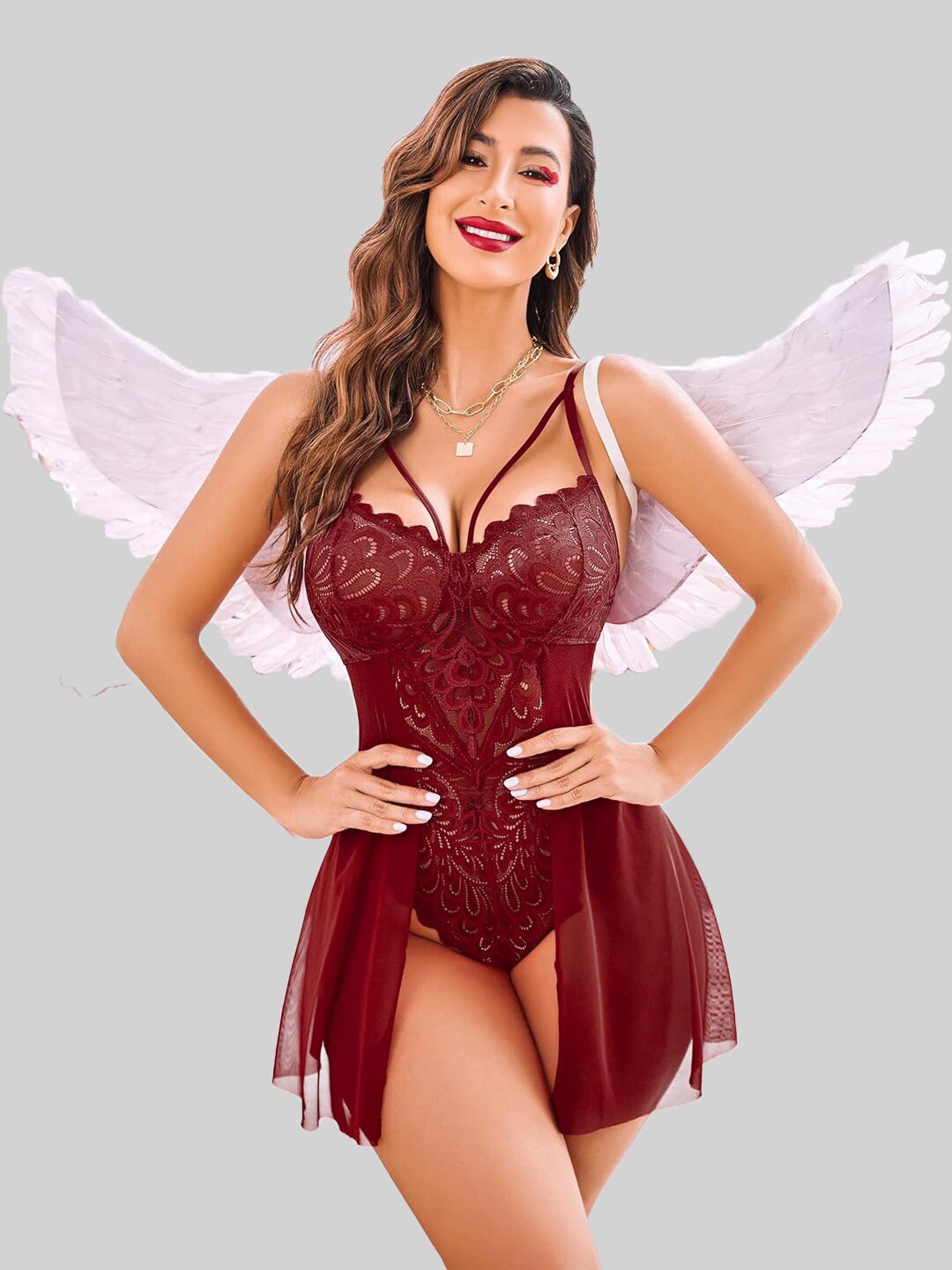 

KRENOZ Self Design Net Baby Doll, Maroon