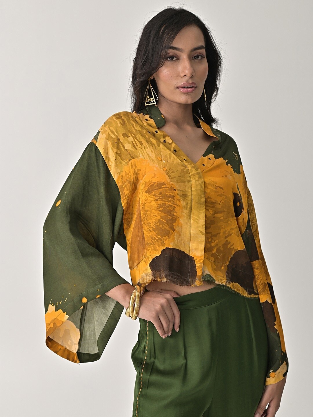 

MISSY Relaxed Abstract Printed Crop Satin Casual Shirt, Yellow