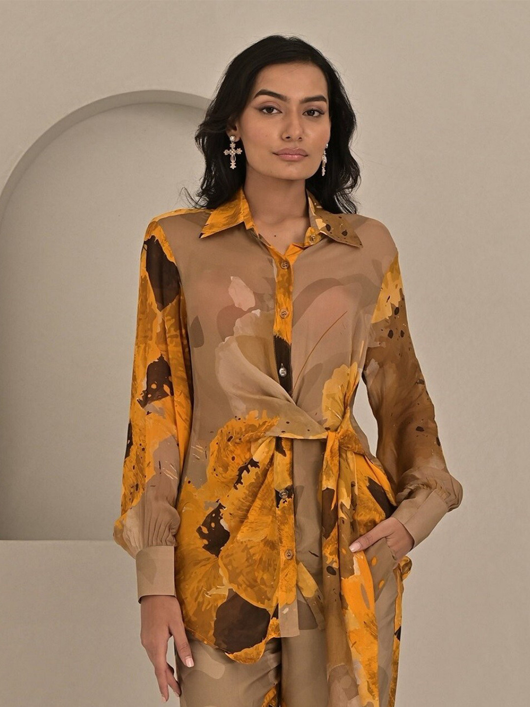 

MISSY Relaxed Abstract Printed Chiffon Wrap Oversized Casual Shirt, Yellow
