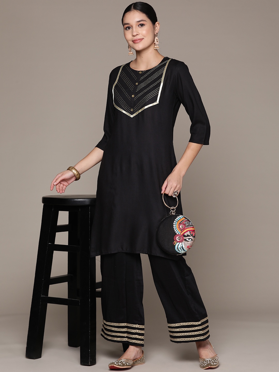 

Readiprint Fashions Yoke Design Zari Kurta, Black