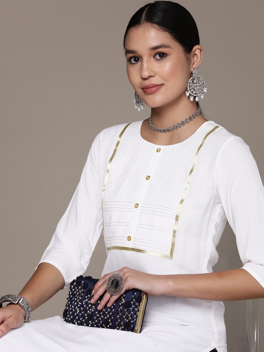 

Readiprint Yoke Design Zari Kurta, White