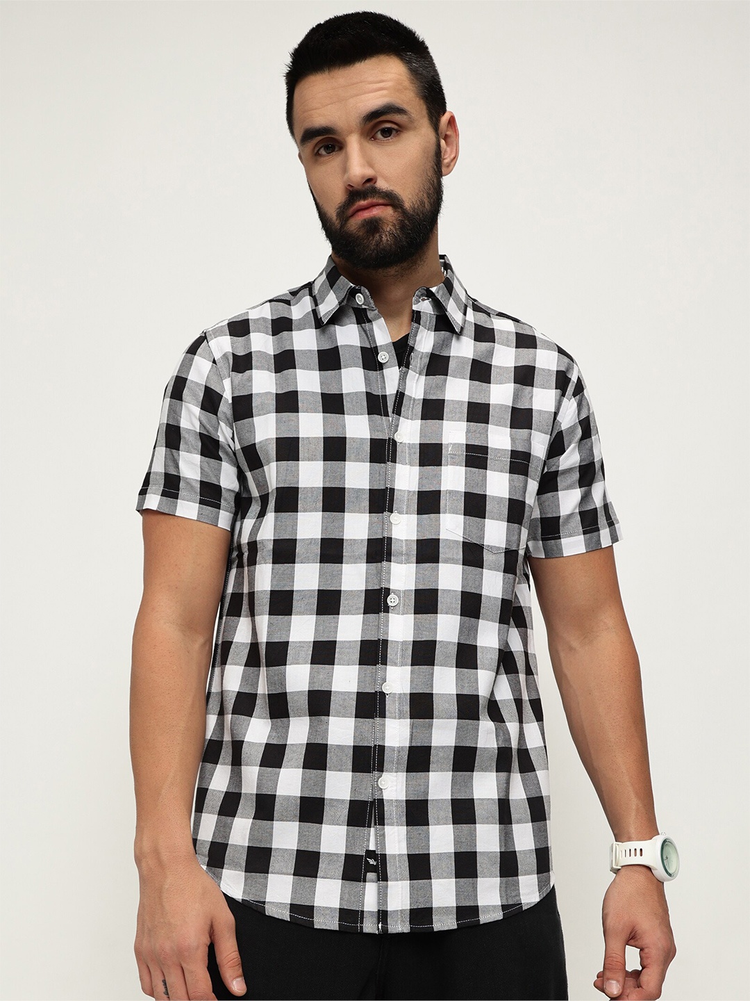 

VALEN CLUB Slim Fit Gingham Checked Pure Cotton Casual Shirt, Black