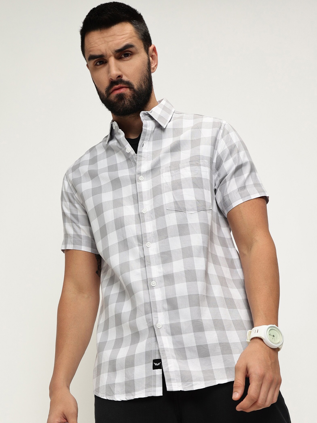 

VALEN CLUB Slim Fit Gingham Checked Pure Cotton Casual Shirt, Grey