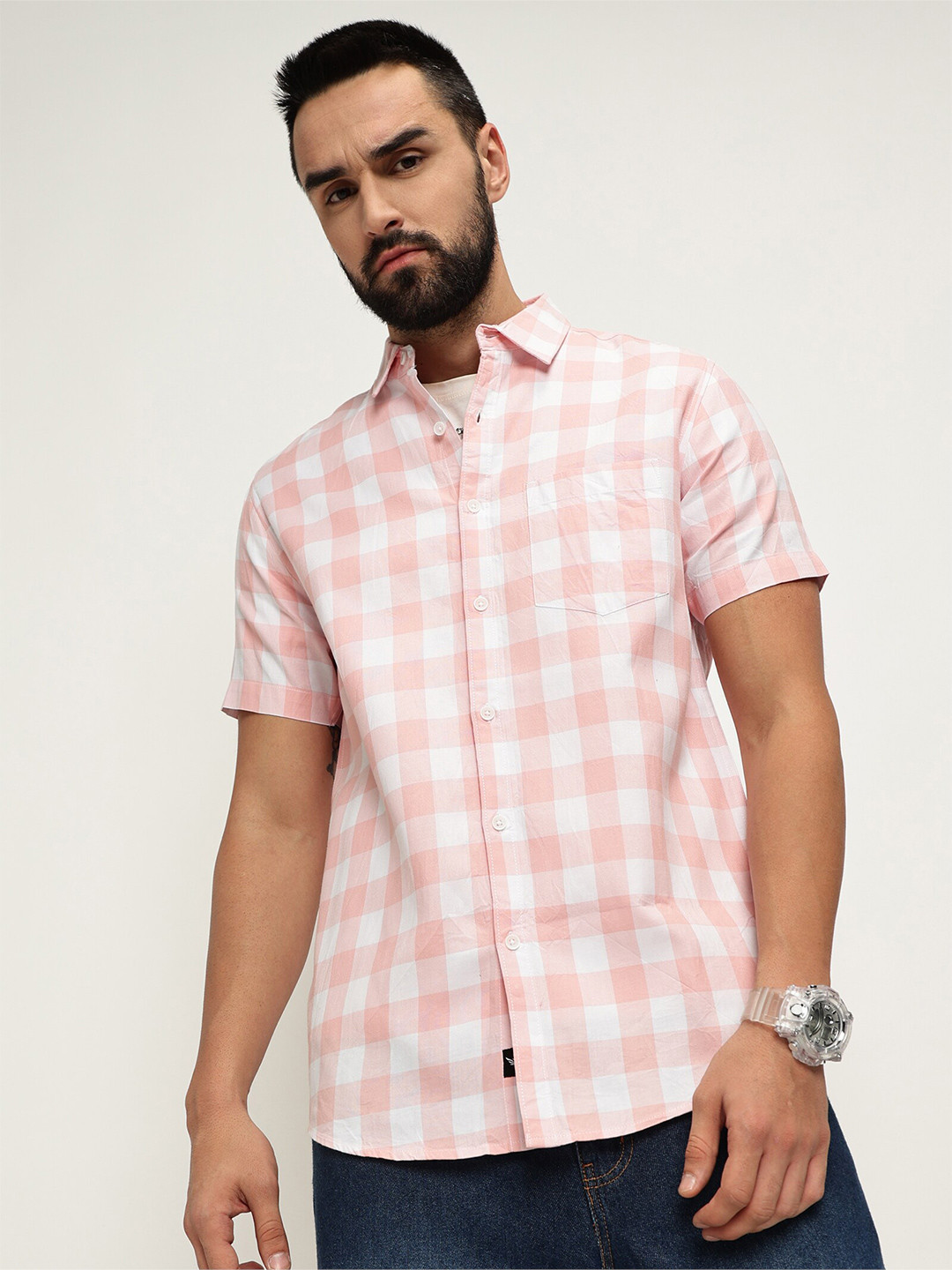 

VALEN CLUB Slim Fit Gingham Checked Pure Cotton Casual Shirt, Pink