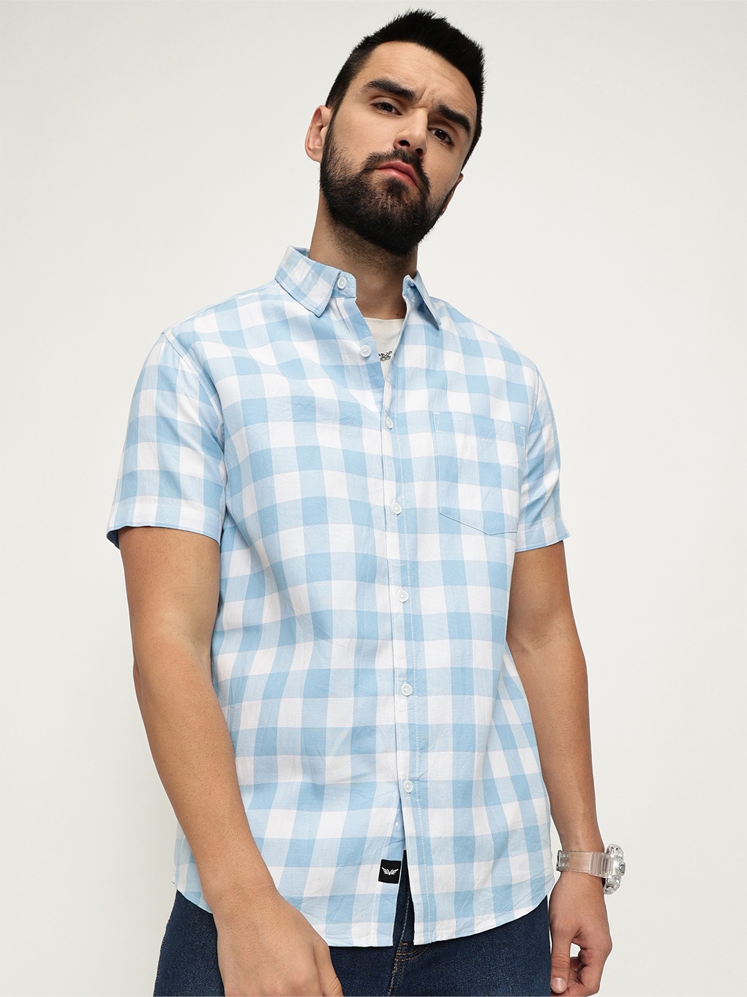 

VALEN CLUB Slim Fit Gingham Checked Pure Cotton Casual Shirt, Blue