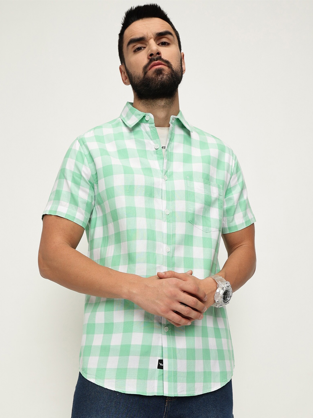 

VALEN CLUB Slim Fit Gingham Checked Pure Cotton Casual Shirt, Green