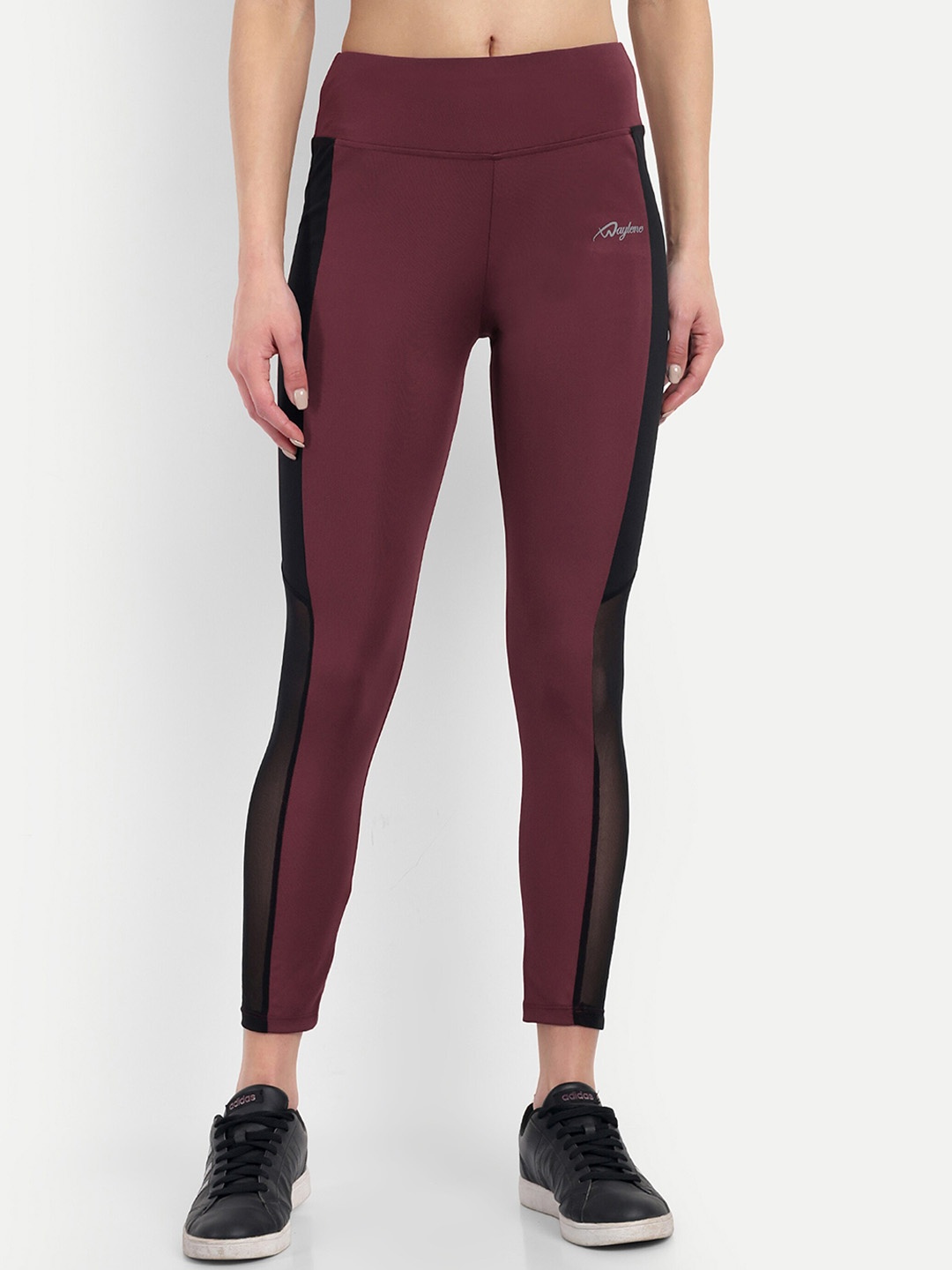 WAYLENE Dry-Fit Colourblocked Ankle-Length Sports Tights, Maroon