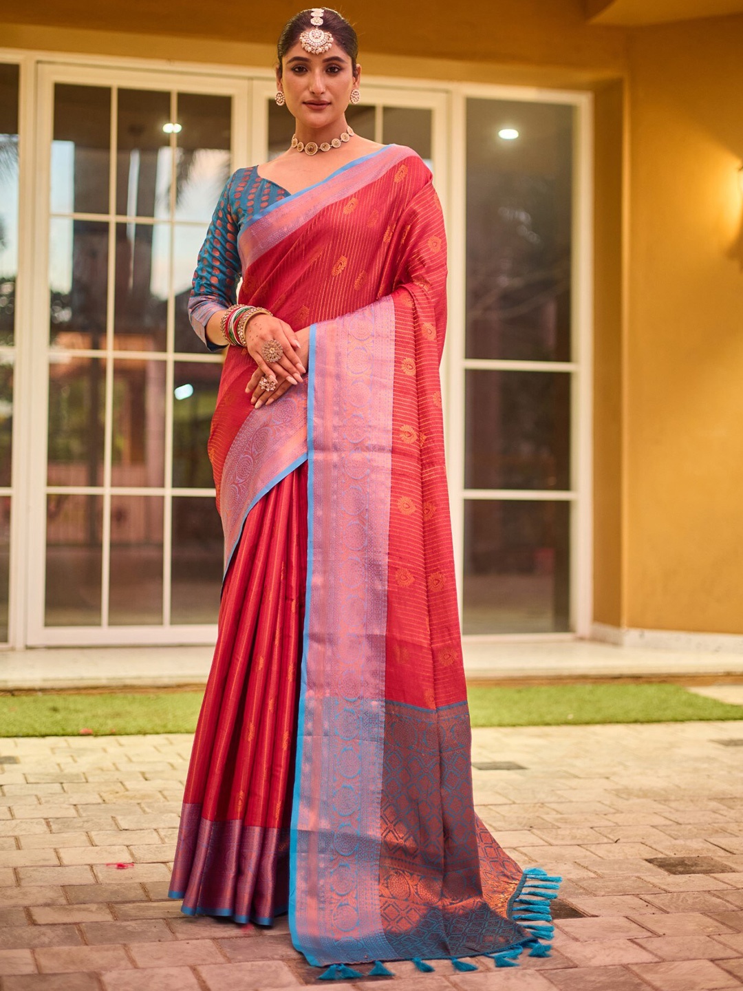 

LeeliPeeri Designer Ethnic Motifs Zari Kanjeevaram Saree, Red