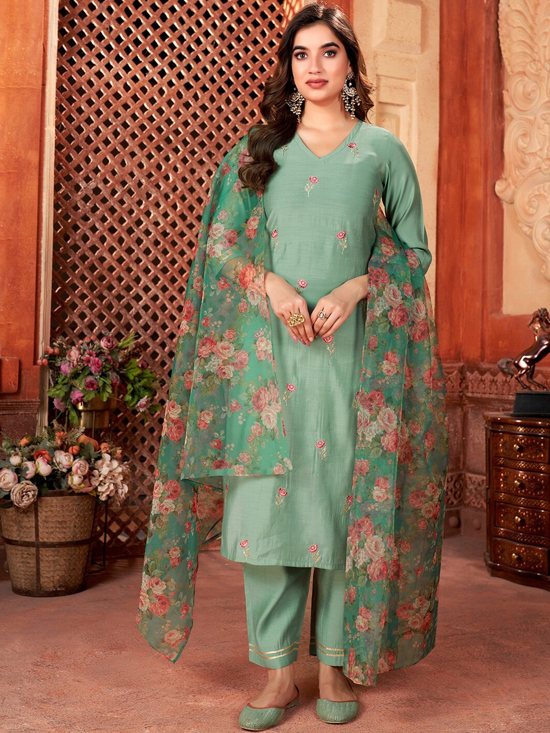 

KALINI V Neck Floral Embroidered Straight Kurta with Trouser & Dupatta, Green
