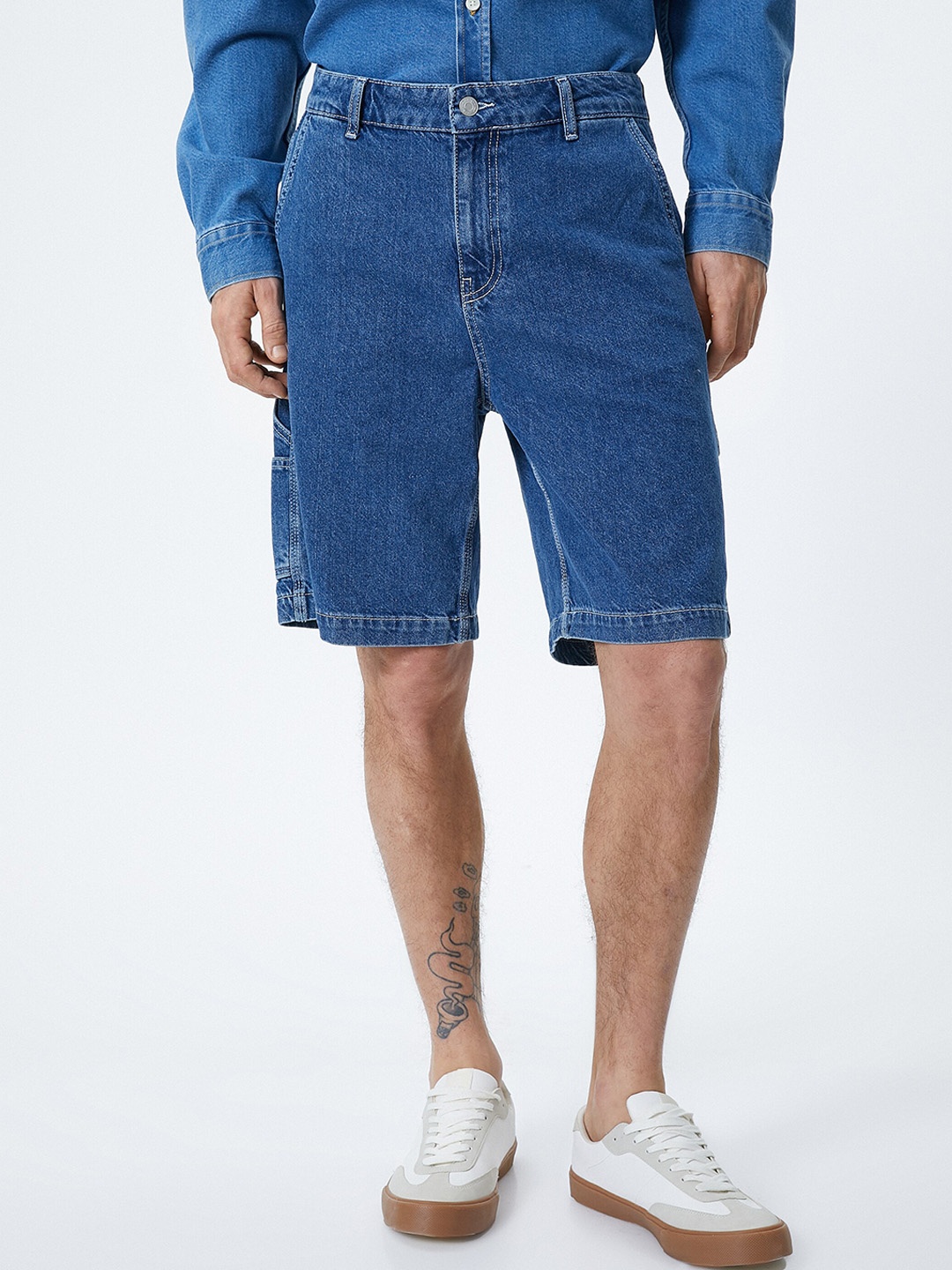 Koton Men Loose Fit Pure Cotton Denim Shorts, Blue