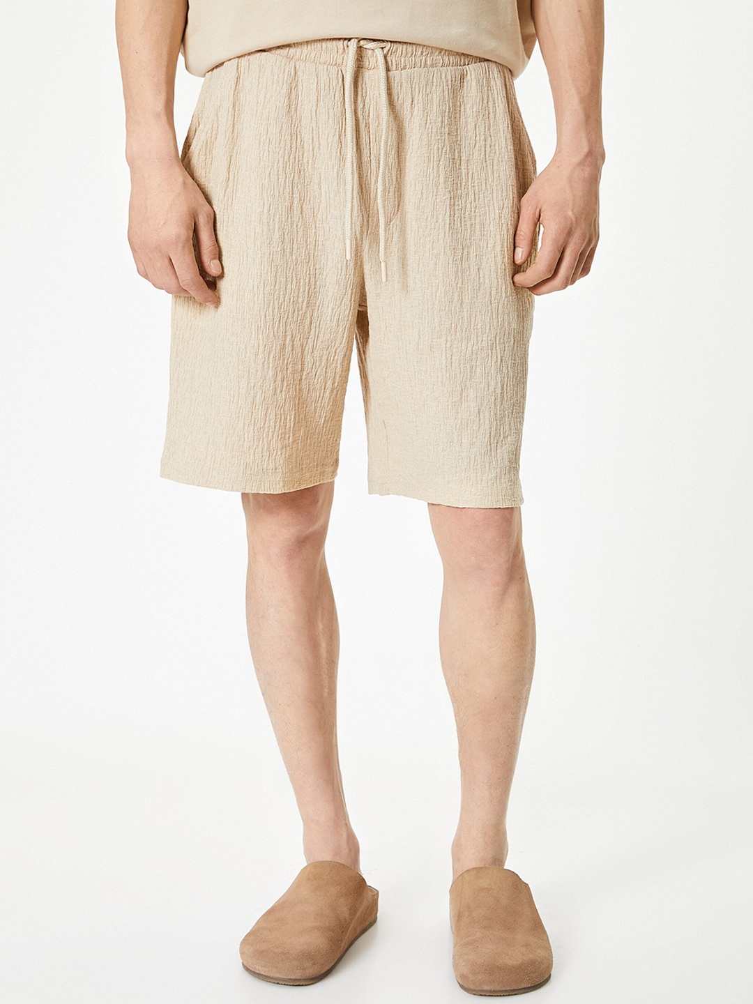 Koton Men Self Design Cotton Regular Shorts, Beige