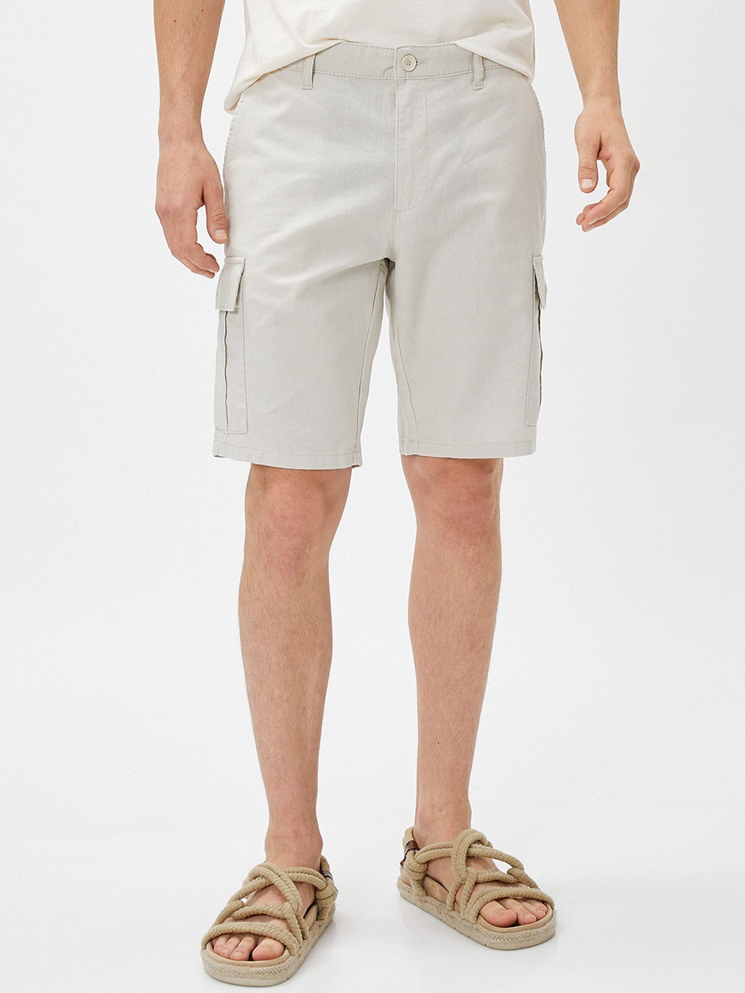 

Koton Men Mid-Rise Linen Cargo Shorts, Beige