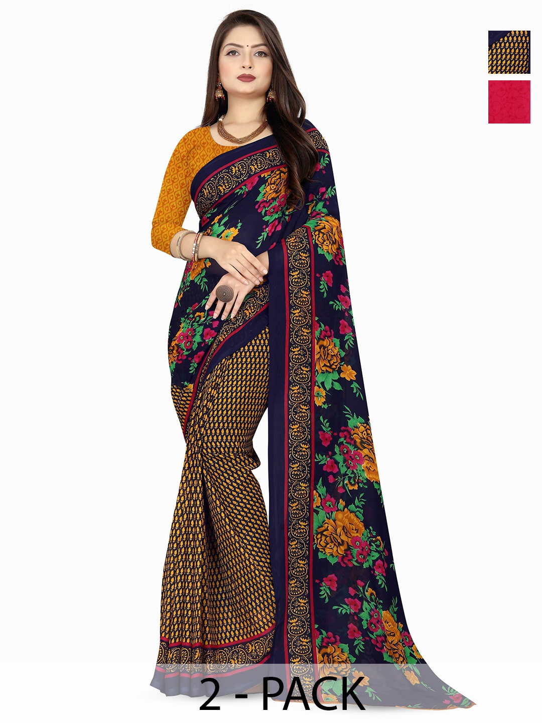 

ANAND SAREES Selection Of 2 Floral Printed Sarees, Black