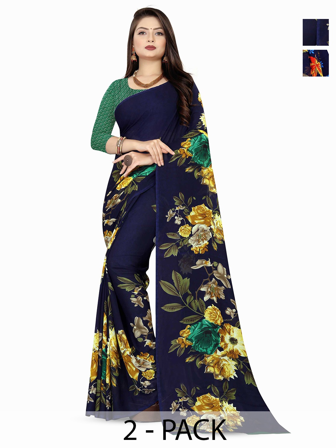 

ANAND SAREES Women Daily Floral Print Poly Georgette Combo Pack of 2 Saree, Blue