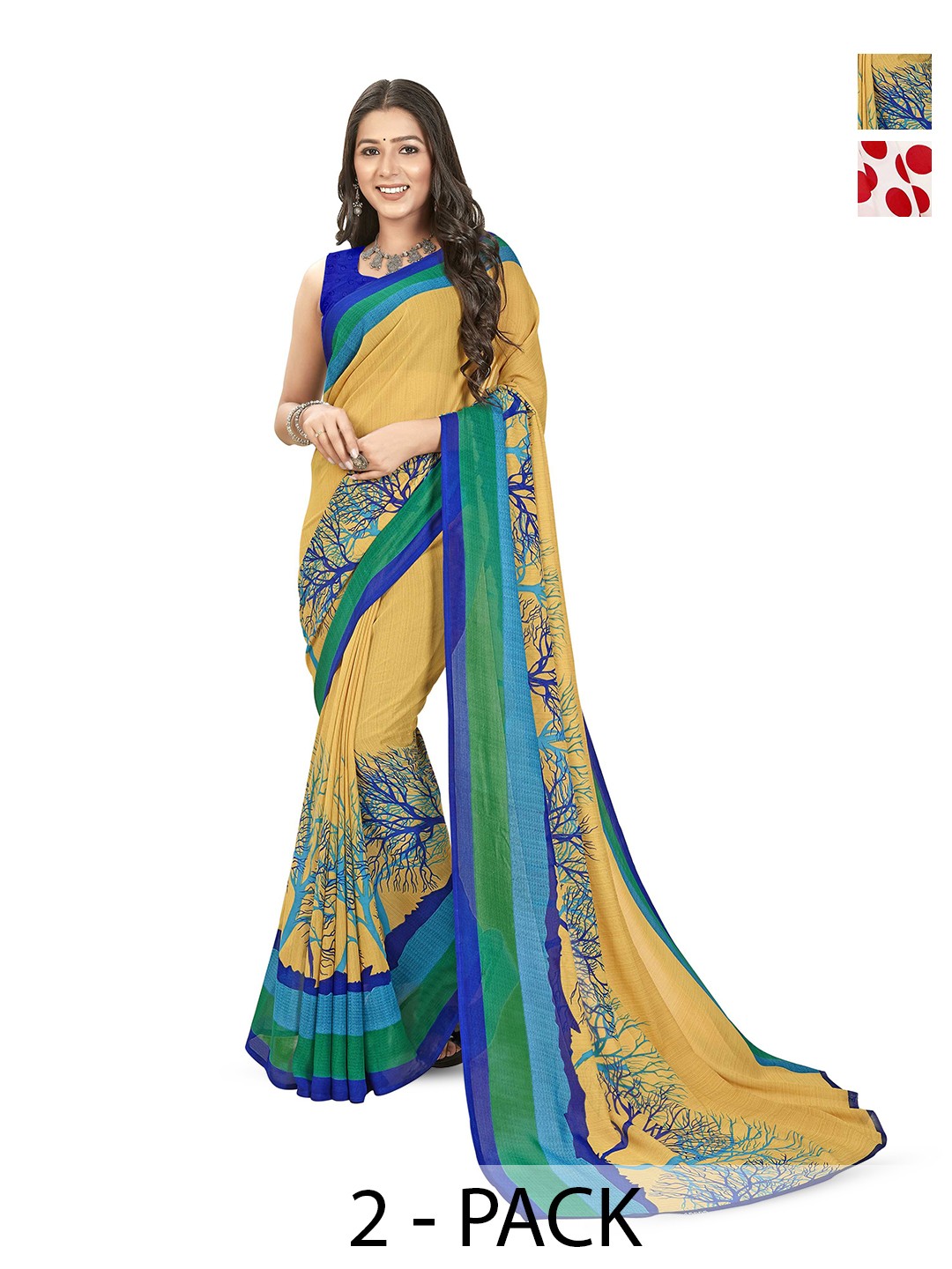

ANAND SAREES Women Daily Polka Dots Print Poly Georgette Combo Pack of 2 Saree, White