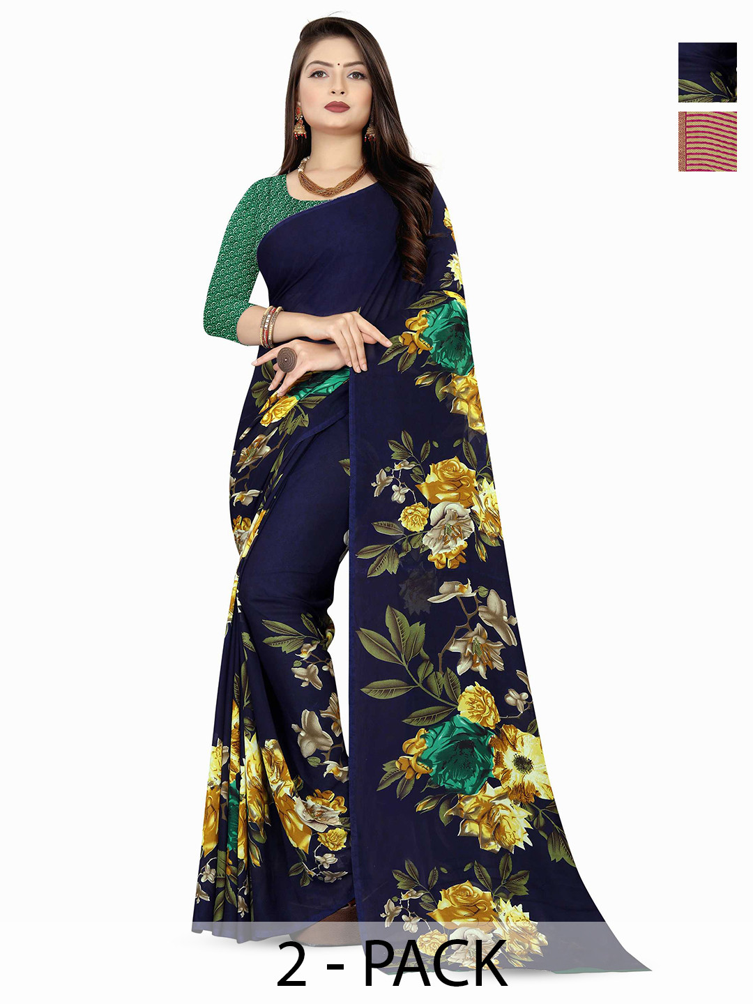 

ANAND SAREES Selection Of 2 Floral Printed Sarees, Green