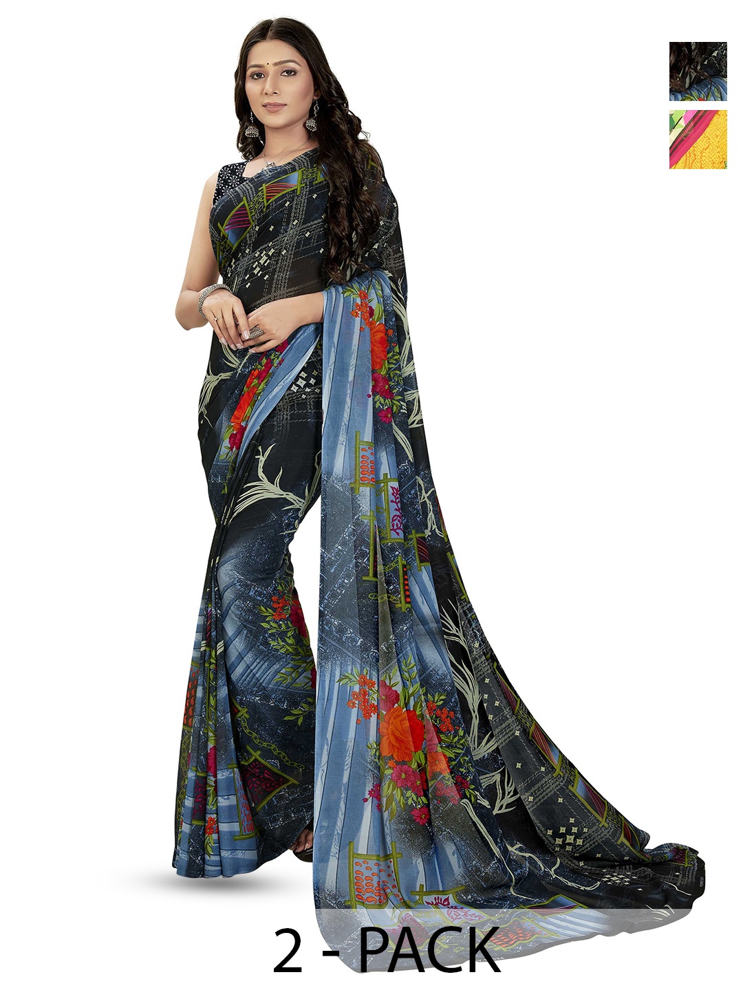 

ANAND SAREES Selection of 2 Floral Sarees, Grey