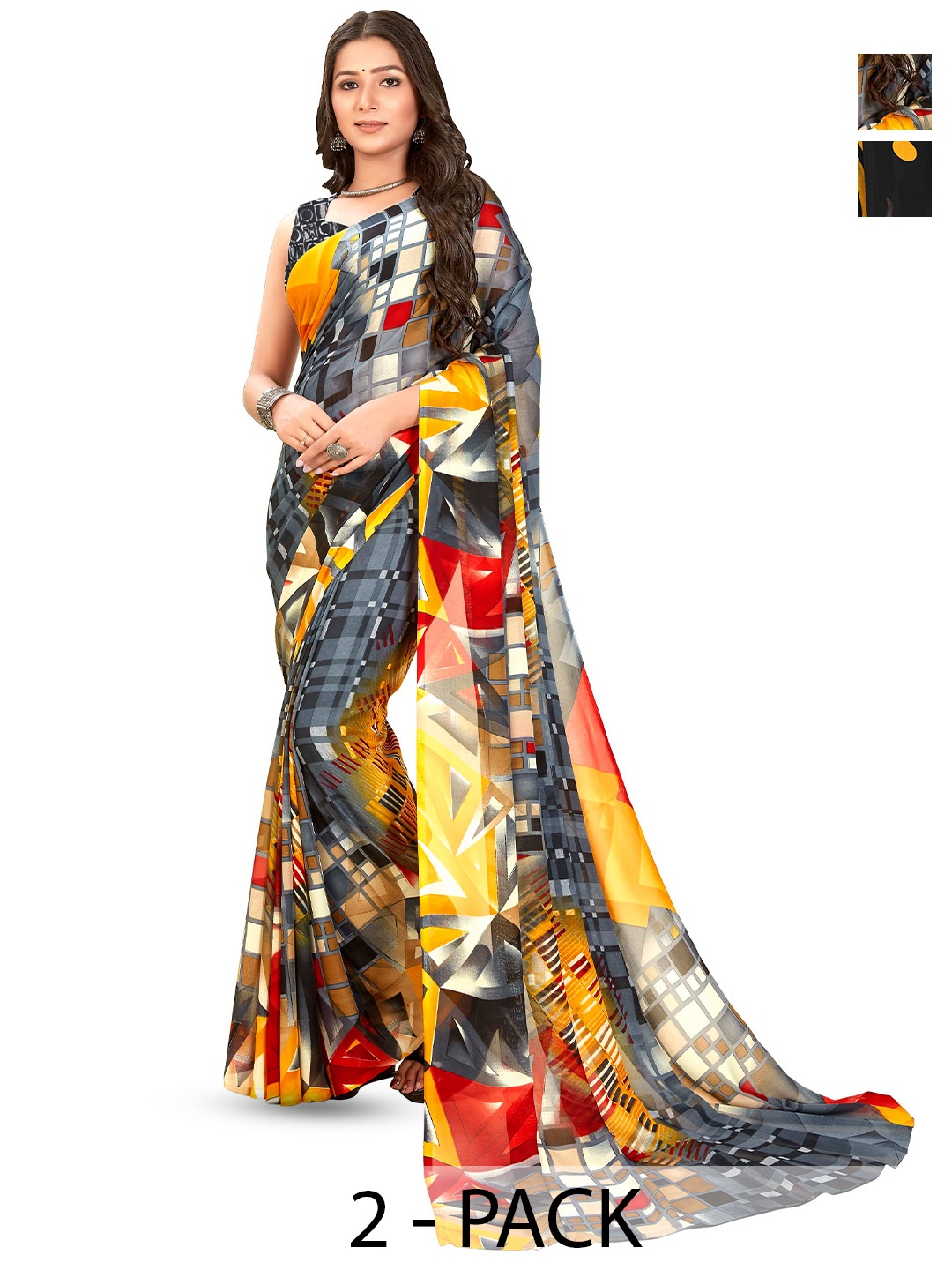 

ANAND SAREES Selection Of 2 Abstract Printed Saree, Yellow