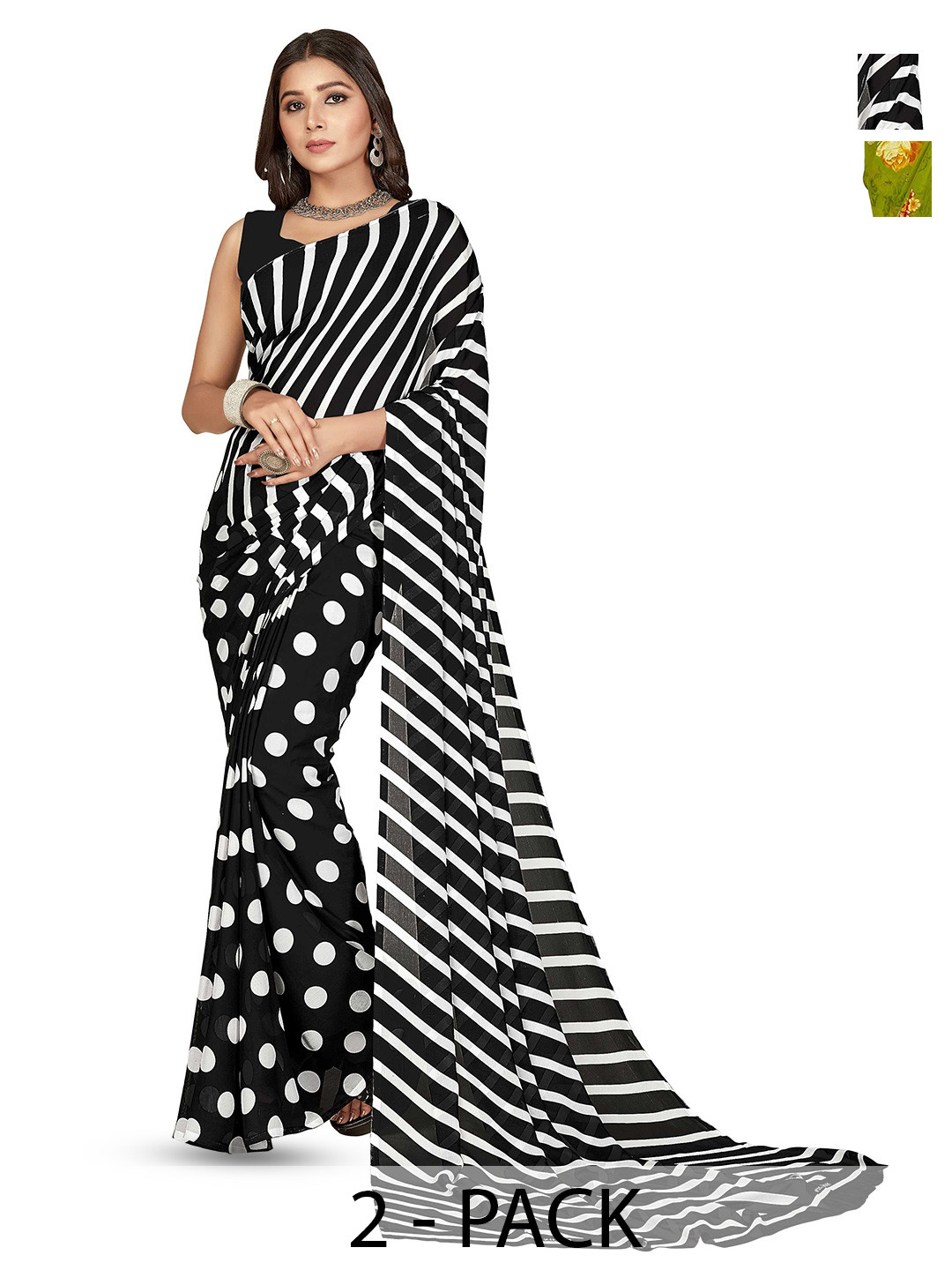

ANAND SAREES Polka Dot Poly Georgette Saree, Black
