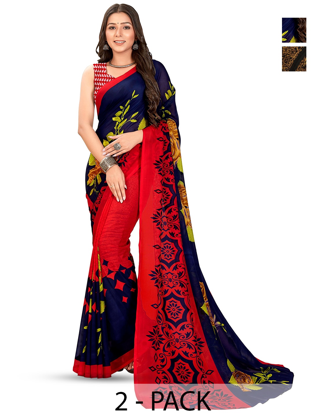 

ANAND SAREES Pack of 2 Floral Printed Sarees, Red