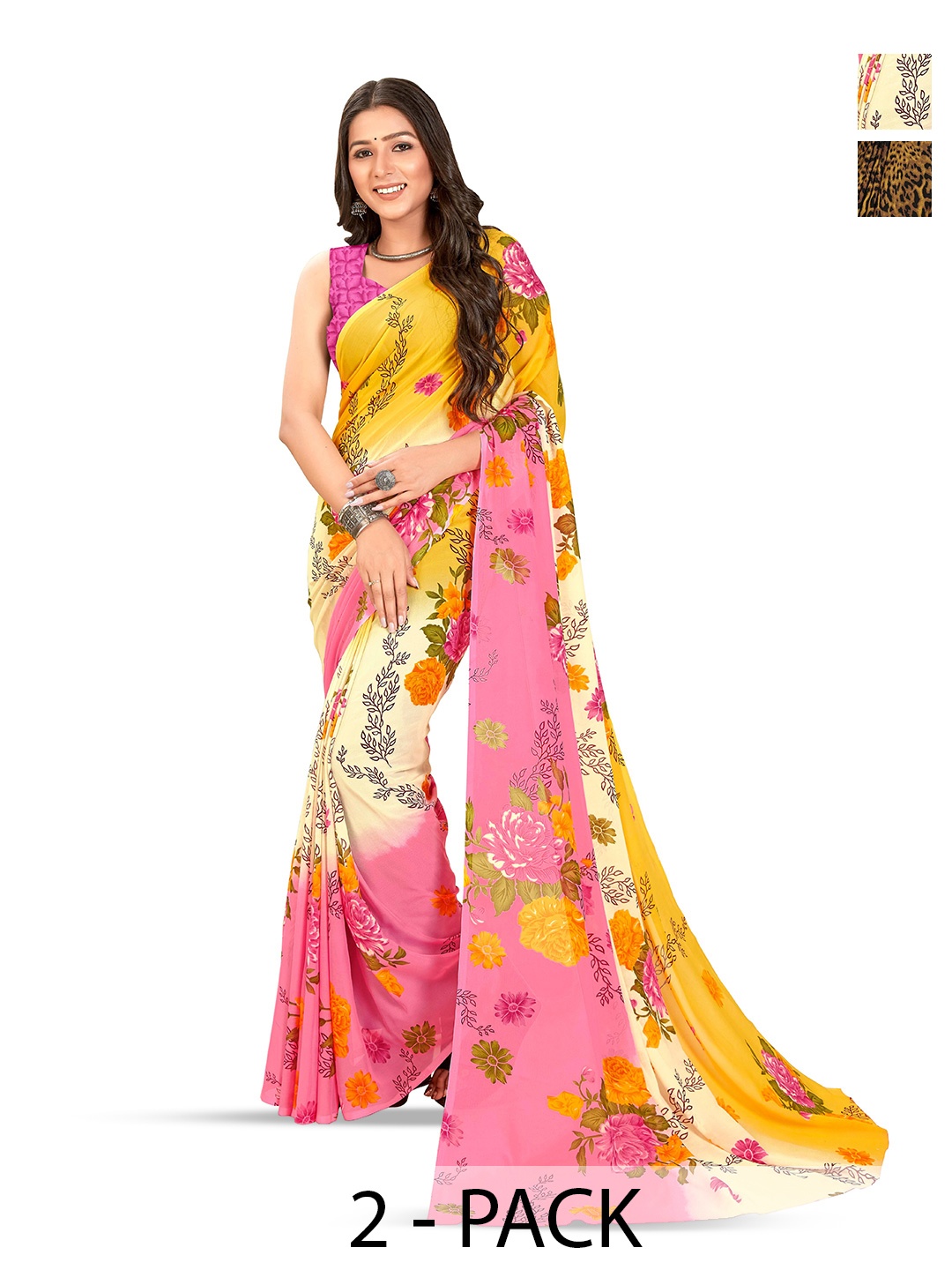 

ANAND SAREES Women Daily Floral Print Poly Georgette Combo Pack of 2 Saree, Yellow