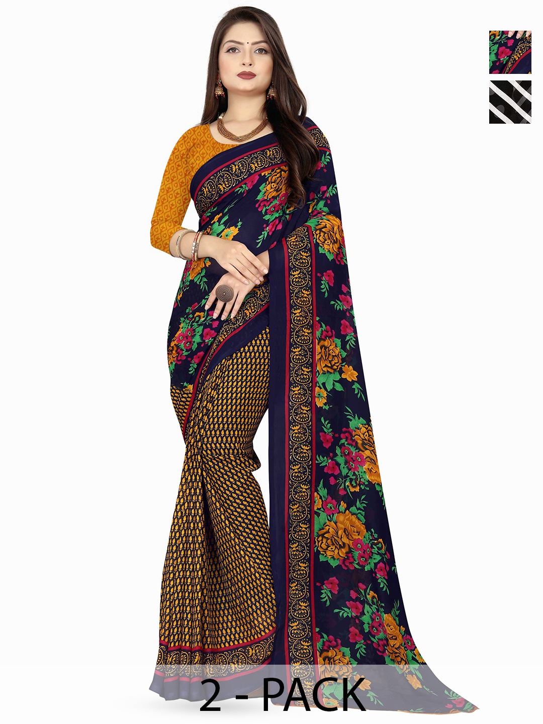 

ANAND SAREES Selection Of 2 Printed Saree, Black