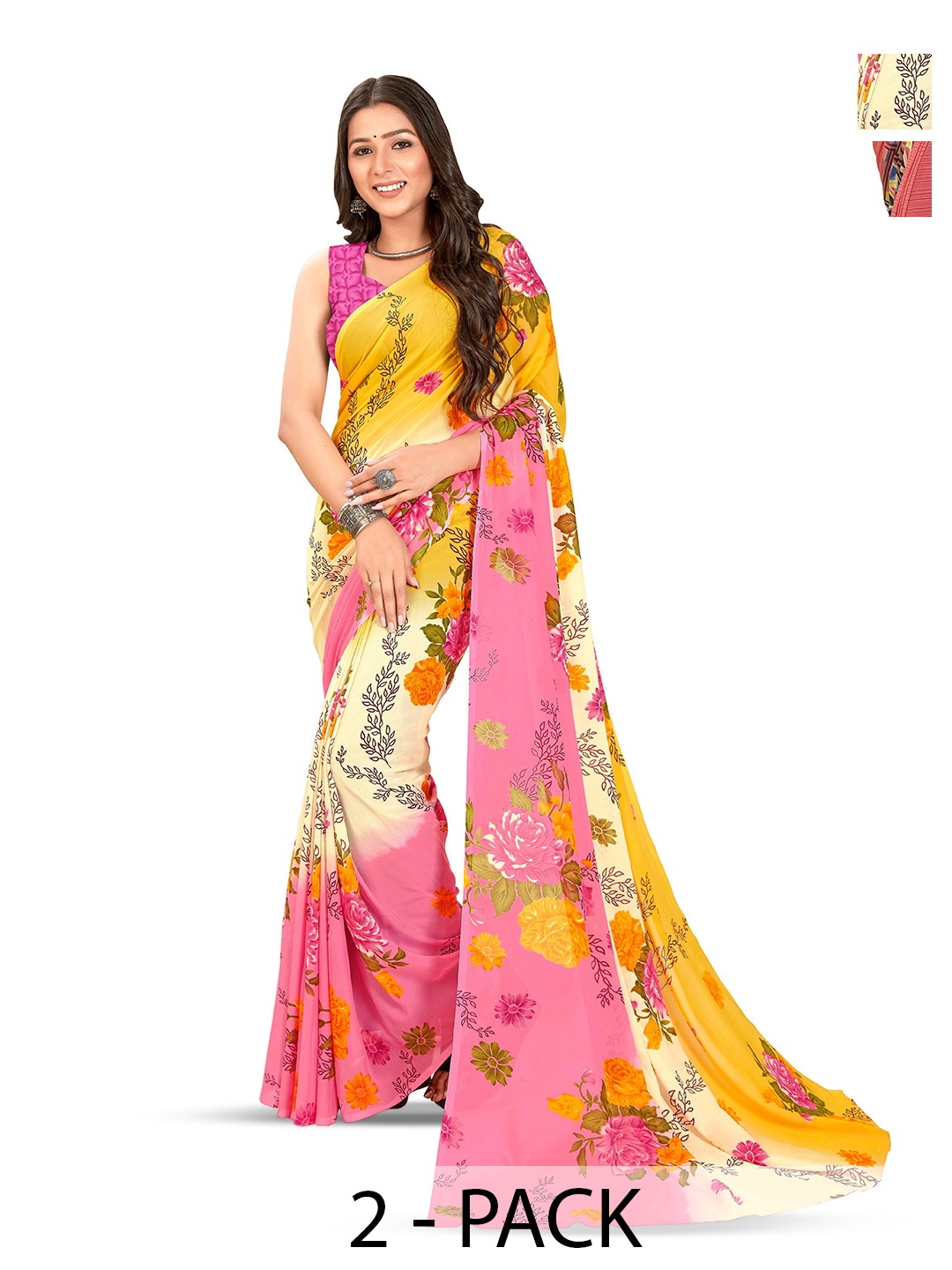 

ANAND SAREES Selection of 2 Floral Sarees, Pink