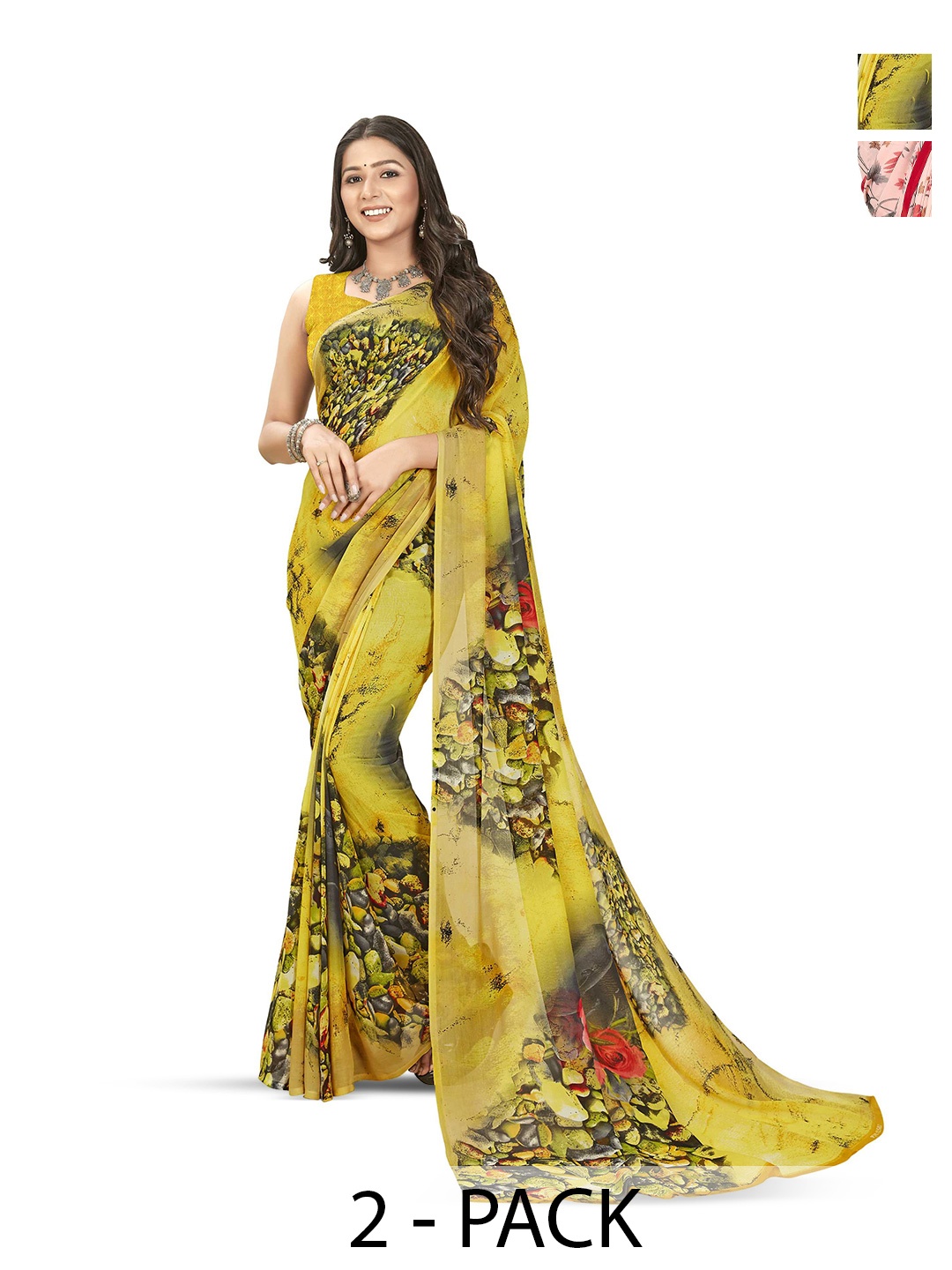 

ANAND SAREES Floral Printed Poly Georgette Saree, Yellow
