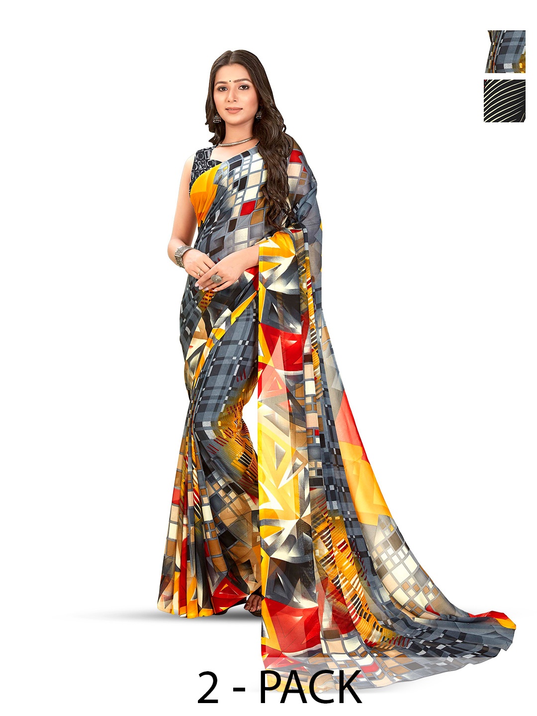 

ANAND SAREES Selection Of 2 Abstract Printed Sarees, Grey