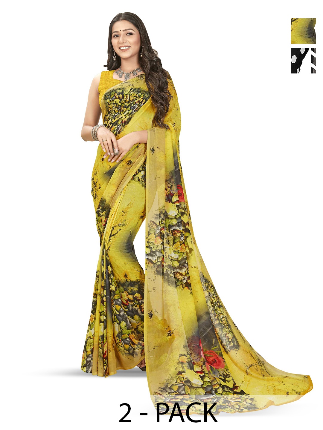 

ANAND SAREES Selection Of 2 Floral Printed Sarees, Black