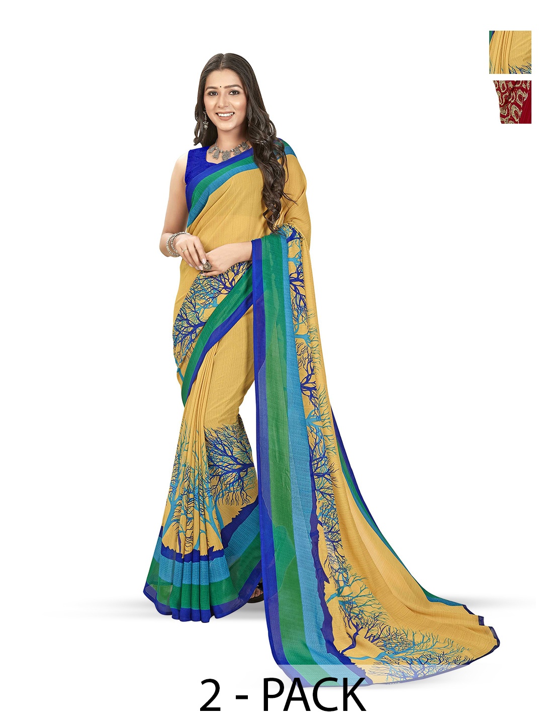 

ANAND SAREES Selection Of 2 Floral Printed Sarees, Cream