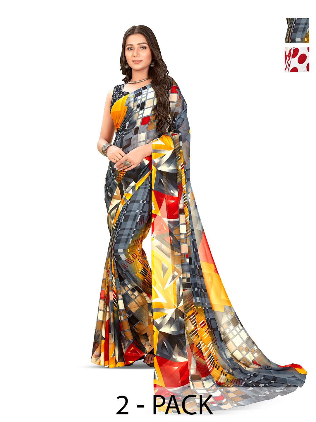 

ANAND SAREES Selection Of 2 Polka Dot Printed Sarees, Red