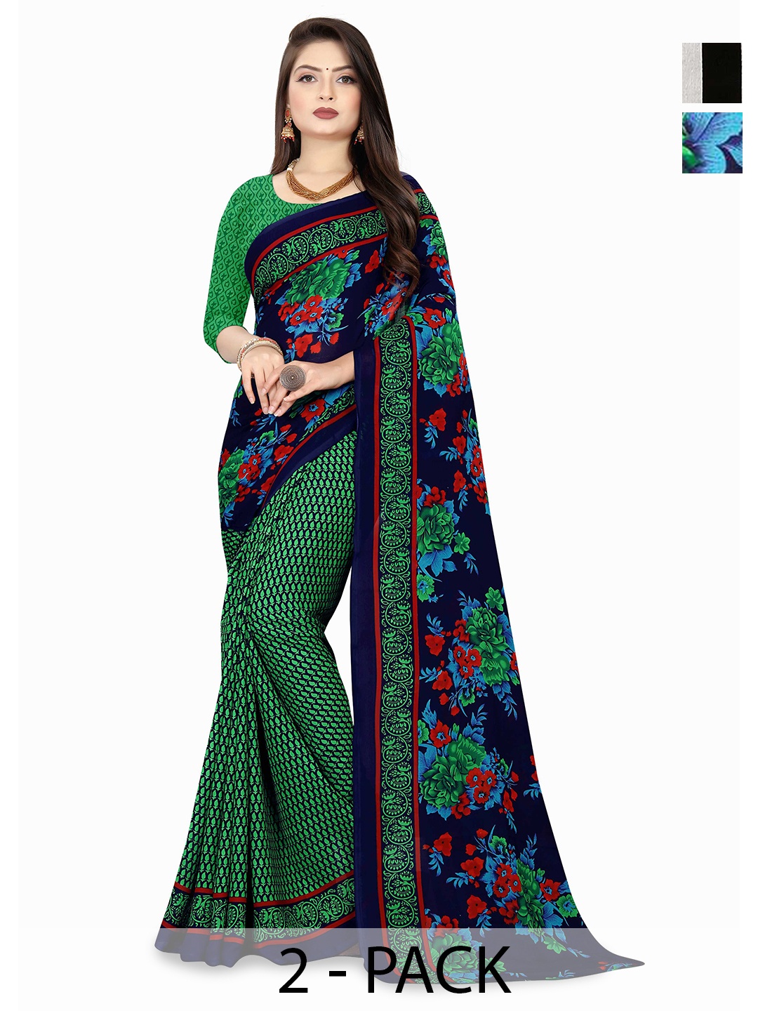 

ANAND SAREES Women Daily Floral Print Poly Georgette Half and Half Combo Pack of 2 Saree, Green