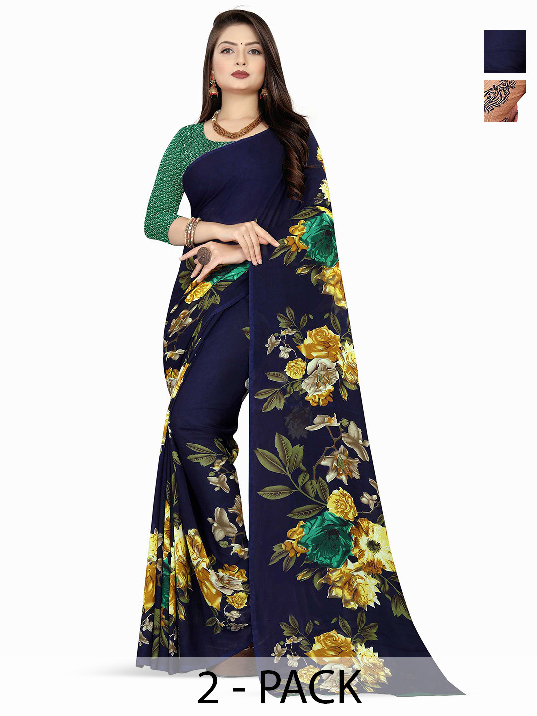

ANAND SAREES Selection of 2 Floral Printed Sarees, Black