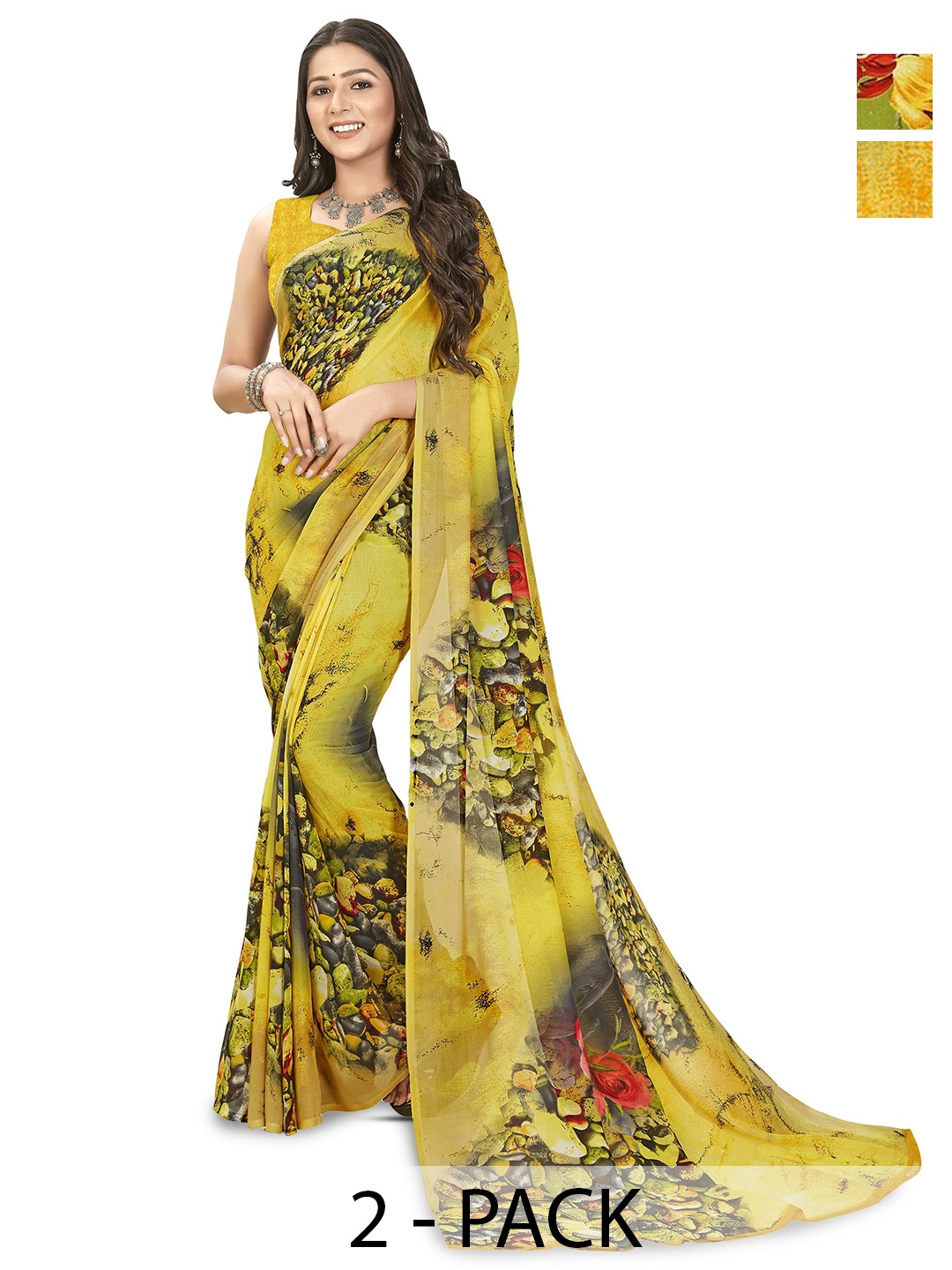 

ANAND SAREES Selection of 2 Floral Printed Sarees, Green